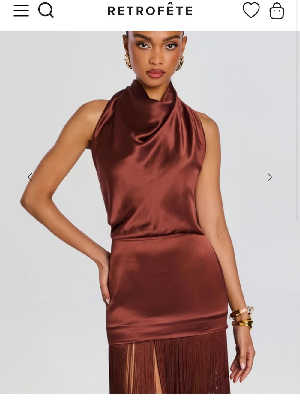 Retrofête Copper Brown Satin Cowl-Neck Maxi Dress